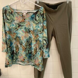 Peck & Peck Tropical Palm Top and Olive Pants Set